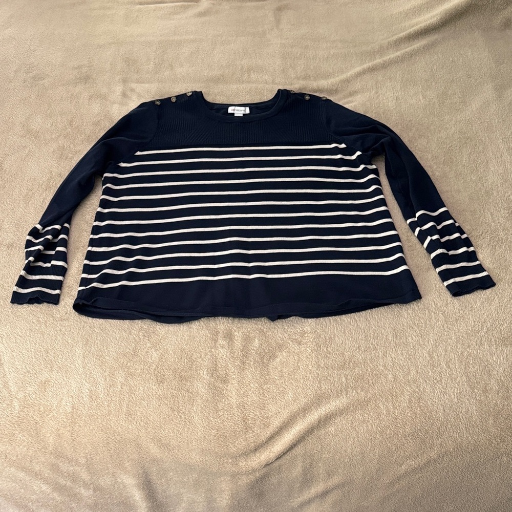 2X -Liz Claiborne Navy and Cream Striped Crew Neck Long Sleeve Sweater